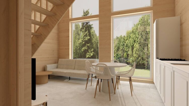 Przytulna aranżacja wnętrza domku letniskowego z widoczną strefą użytkowego poddasza, umożliwiająca komfortowe wykonywania podobnych funkcji mieszkalnych.
