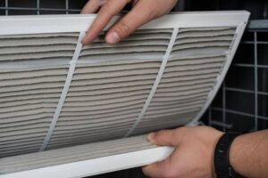 Wyjmowanie zabrudzonego filtra z rekuperatora podczas konserwacji